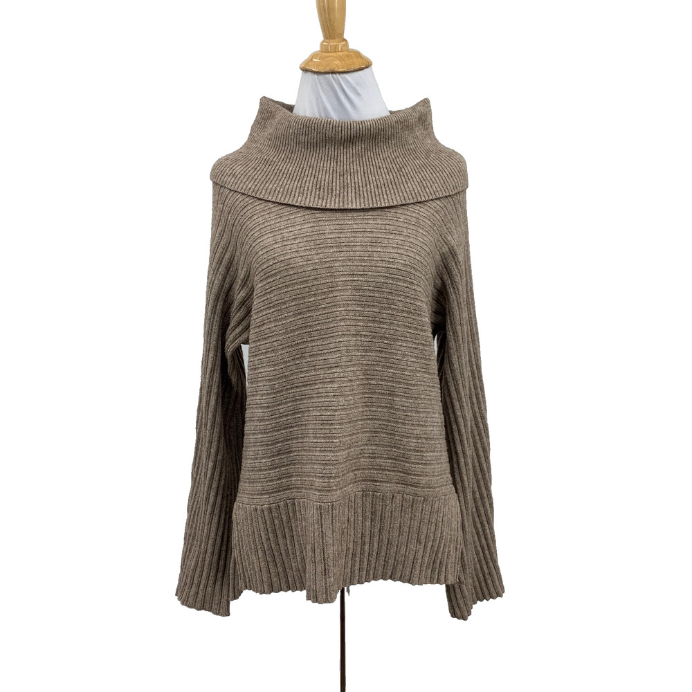 Moth Sweater Womens S Small Taupe Ribbed Knit Cowl Neck Pullover Double Slit Hem
